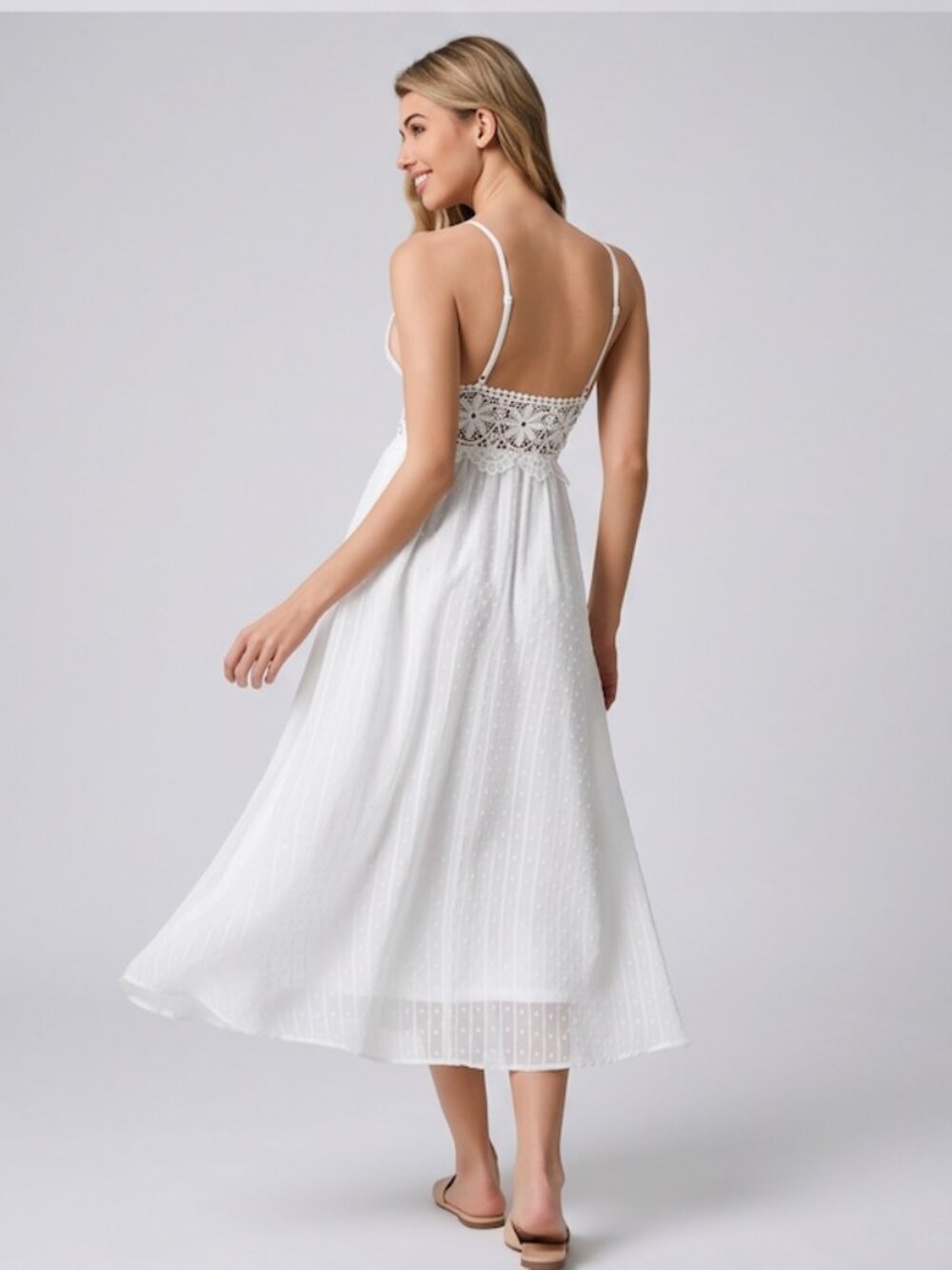 Boho White Swiss Dot Midi Dress with Crochet Lace Waist - Picture 7 of 13